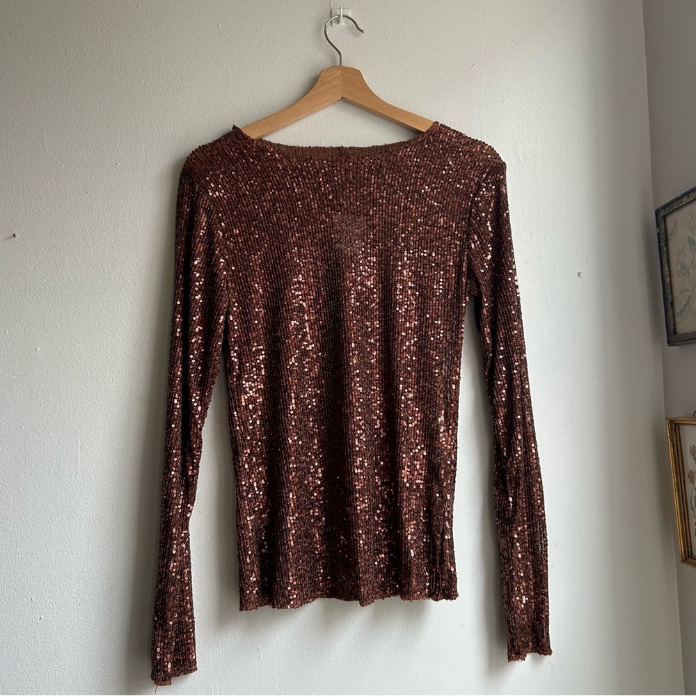 Free People Intimately Sequin Chocolate Brown Long Sleeve Top